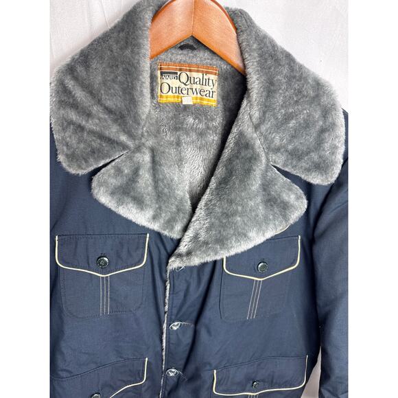 Vintage Chore Jacket Navy Canvas Coat Size 44 Sherpa Style 1970s Retro Utility - Picture 2 of 13